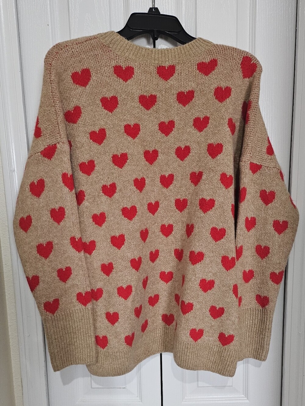 NWT Vince Camuto Heart Print Sweater Women’s Large Camel Red Hearts Crew Neck Kn - Picture 6 of 11